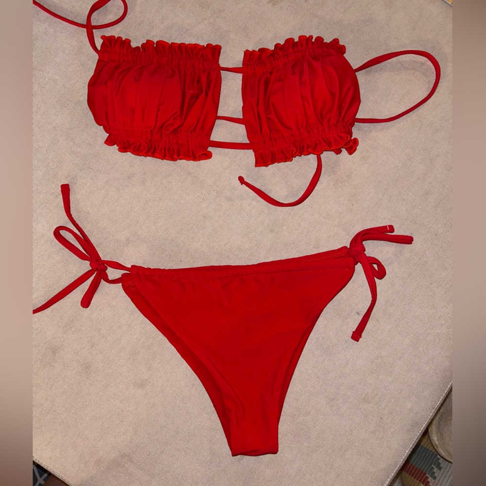 Red strapless bikini